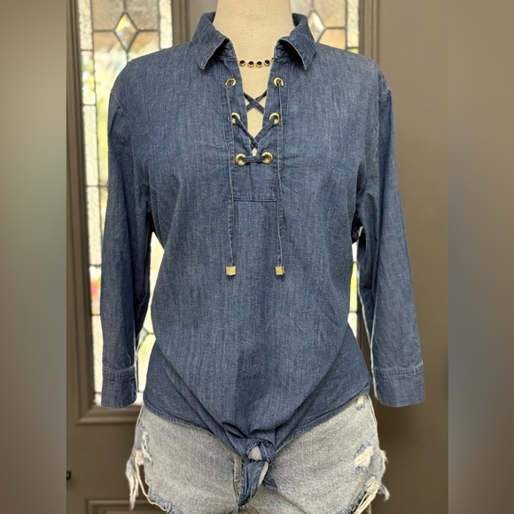 Anne Klein Denim Lace-Up Gold Hardware Women's Top - Picture 1 of 12